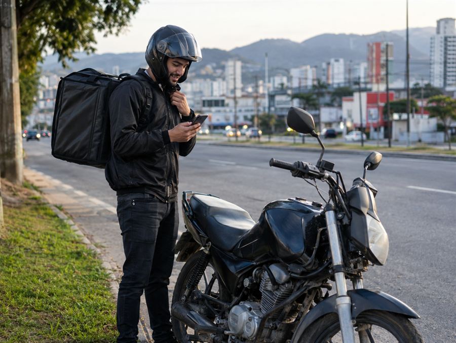 Entregador de app com mochila térmica ao lado da moto parada, olhando o celular