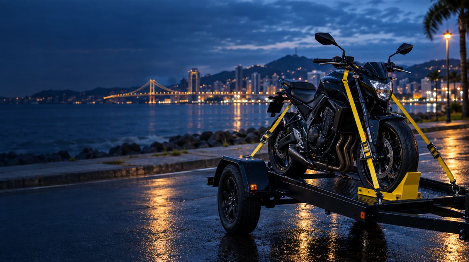 Moto presa com cintas amarelas e trava de roda em reboque, à noite, com a ponte de Florianópolis ao fundo